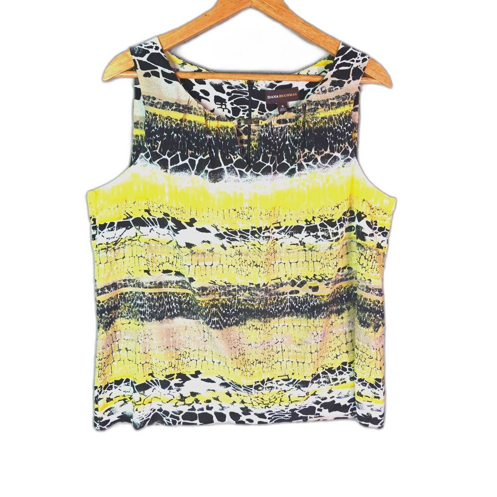 Dana Buchman Sleeveless Blouse Yellow Black XL Abstract Print Keyhole Gold